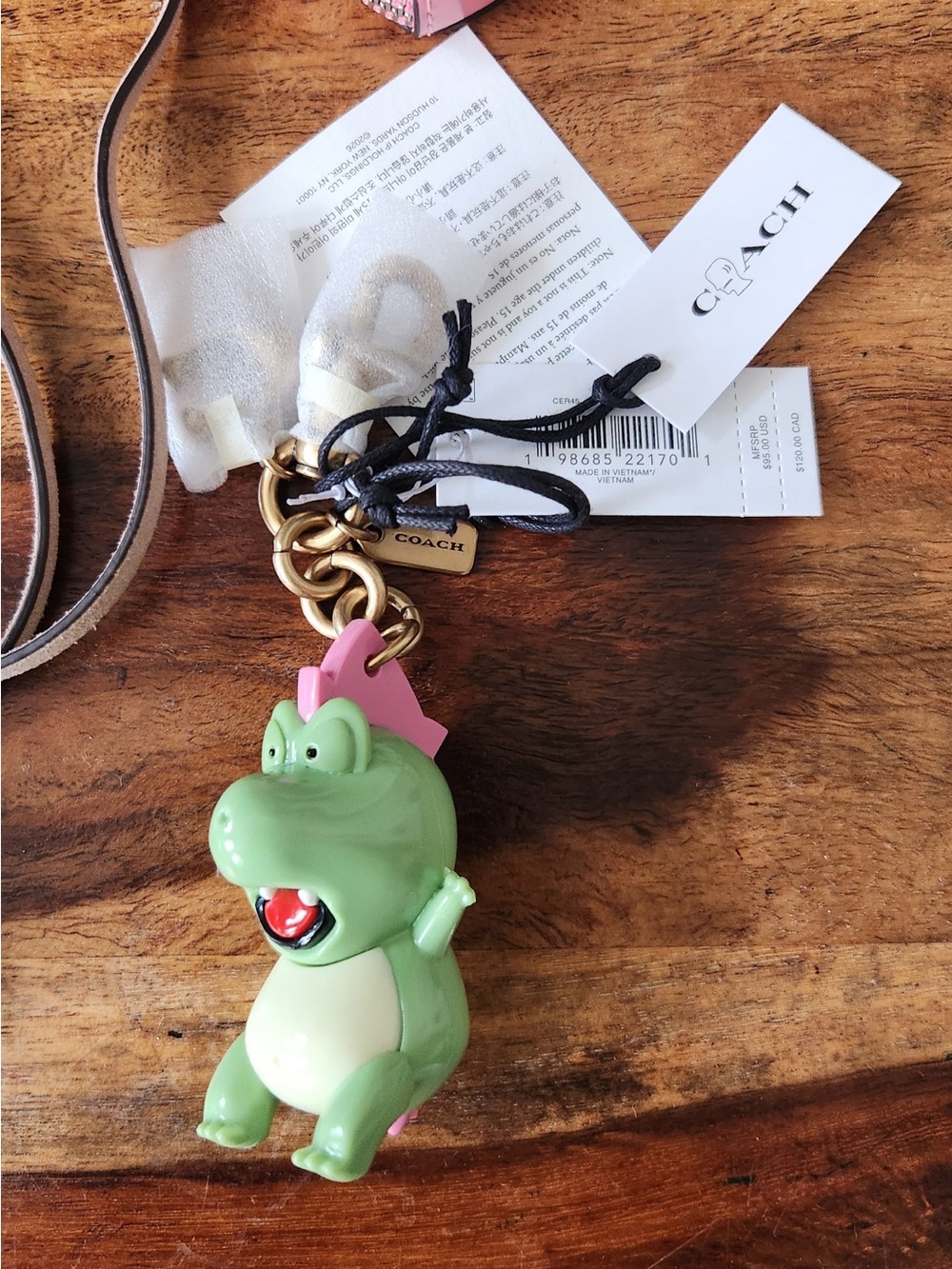 COACH x BRAIN DEAD Green Dinosaur Charm Keychain with Pink Crown